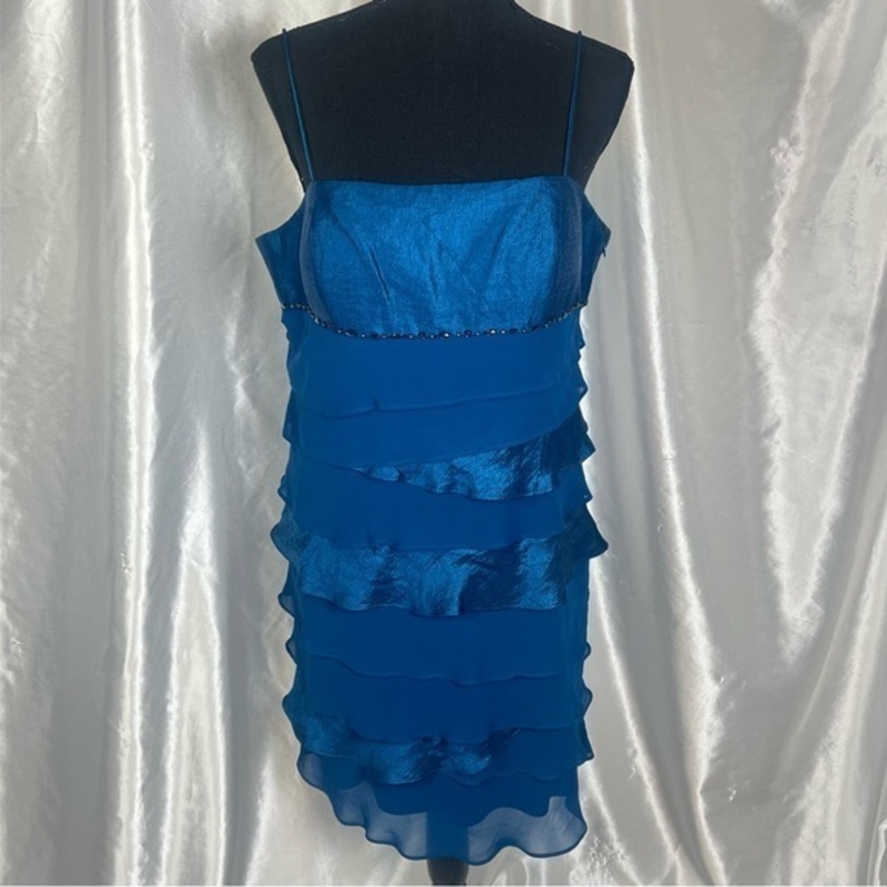 Y2K Prom Blue Tiered Mini Dress 14P Satin & Chiffon Ruffles